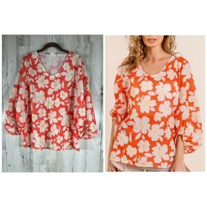 Bibi‎ Womens Top Size Medium Oversized Orange Floral Boho Balloon Sleeve Bright